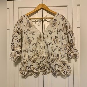 Anthropologie Ivory and Brown Embroidered Peplum Blouse